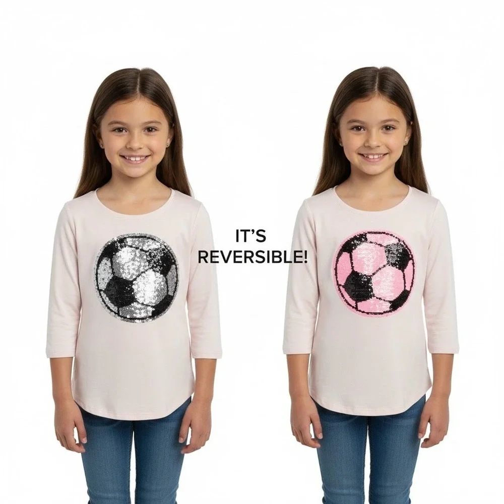 Justice Active T-Shirt Size 12 Light Pink Reversible Sequin Soccer Ball Athletic